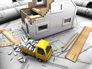 19553483 - 3d illustration of truck and model of house on abstract background