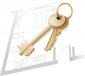 892552 - house keys on a home blueprint. vector illustration